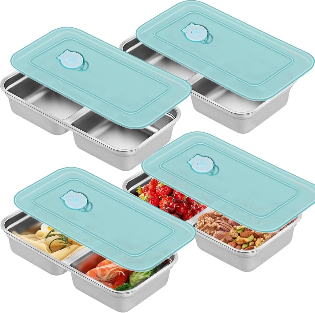Snack Containers, 4 Pack Reusable Stainless Steel Grab and Go Snack Containers, 2 Compartment Food Storage Containers with Leakproof Lids, Bento Box for Travel, Office, Outdoor, Daily Use