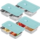 Snack Containers, 4 Pack Reusable Stainless Steel Grab and Go Snack Containers, 2 Compartment Food Storage Containers with Leakproof Lids, Bento Box for Travel, Office, Outdoor, Daily Use