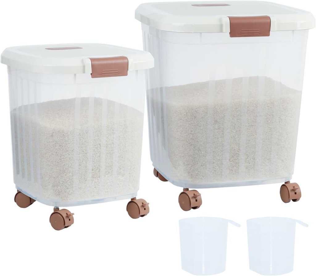 30 LB+50 LB Airtight Flour Rice Storage Container, Airtight Cereal Grain Dry Food Storage Container Bin with Wheel, For Rice | Grain | Pet Food | Flour, 2 count(Clear)