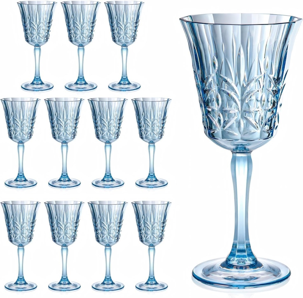 10oz Green Plastic Wine Glasses Goblets Stemmed Wine Glasses Set of 12 Shatterproof and Reusable Crystal Glasses Set for Wedding Reception Grand Event Party Ceremony (12, Blue)