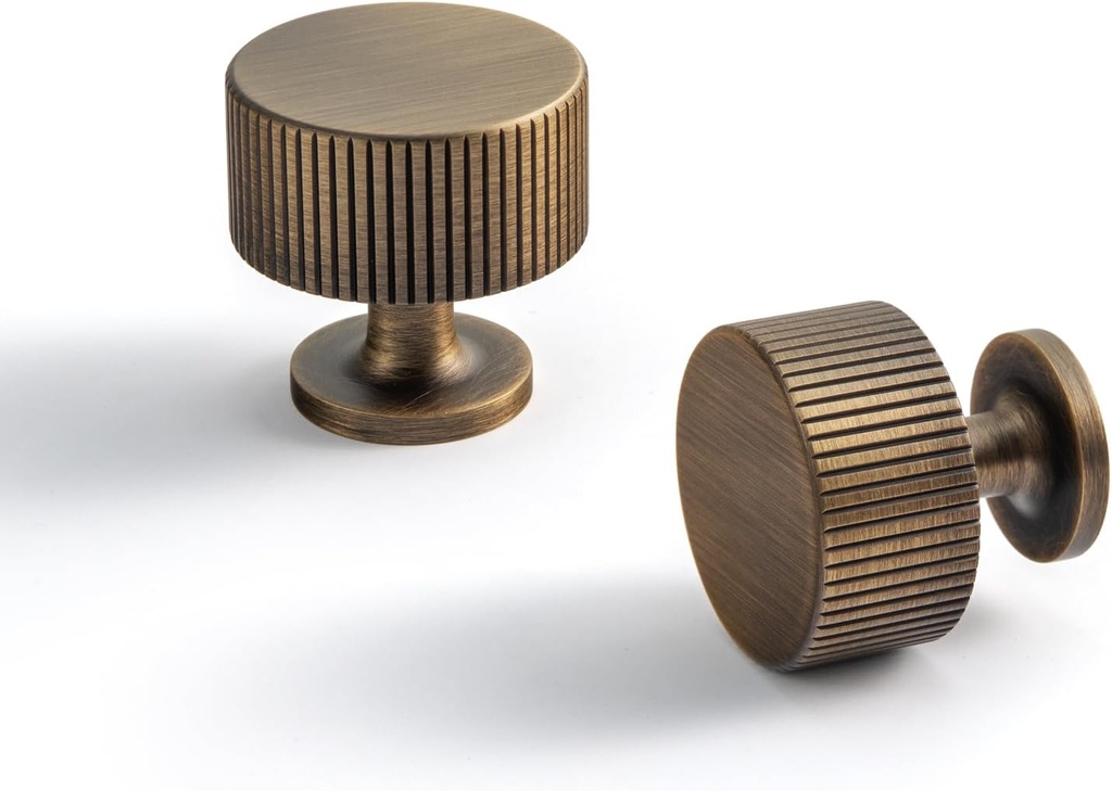 Goo-Ki Vintage Brushed Retro Antique Solid Brass Cabinet Knob Plus - Single Hole Striped Decorations Cabinet Pull Hardware for Bedroom, Kitchen, 2 Pack