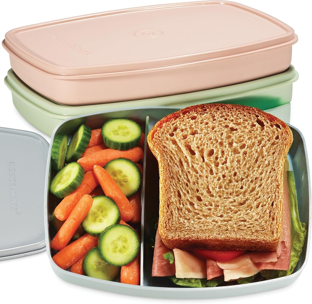 Bento Lunch Box for Kids and Adults – 3-Pcs Large Snack Containers – Leakproof Food Storage Containers for Lunch, Snacks, Sandwich – 2-Compartment Divided Lunch Boxes – BPA-Free, Dishwasher-Safe