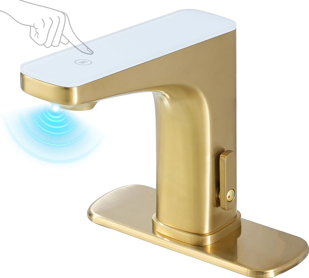 Touchless Bathroom Sink Faucet, Motion Sensor & Touch Activated Bathroom Faucet with Temperature Display Restroom Faucet for Home Commercial, Brushed Gold