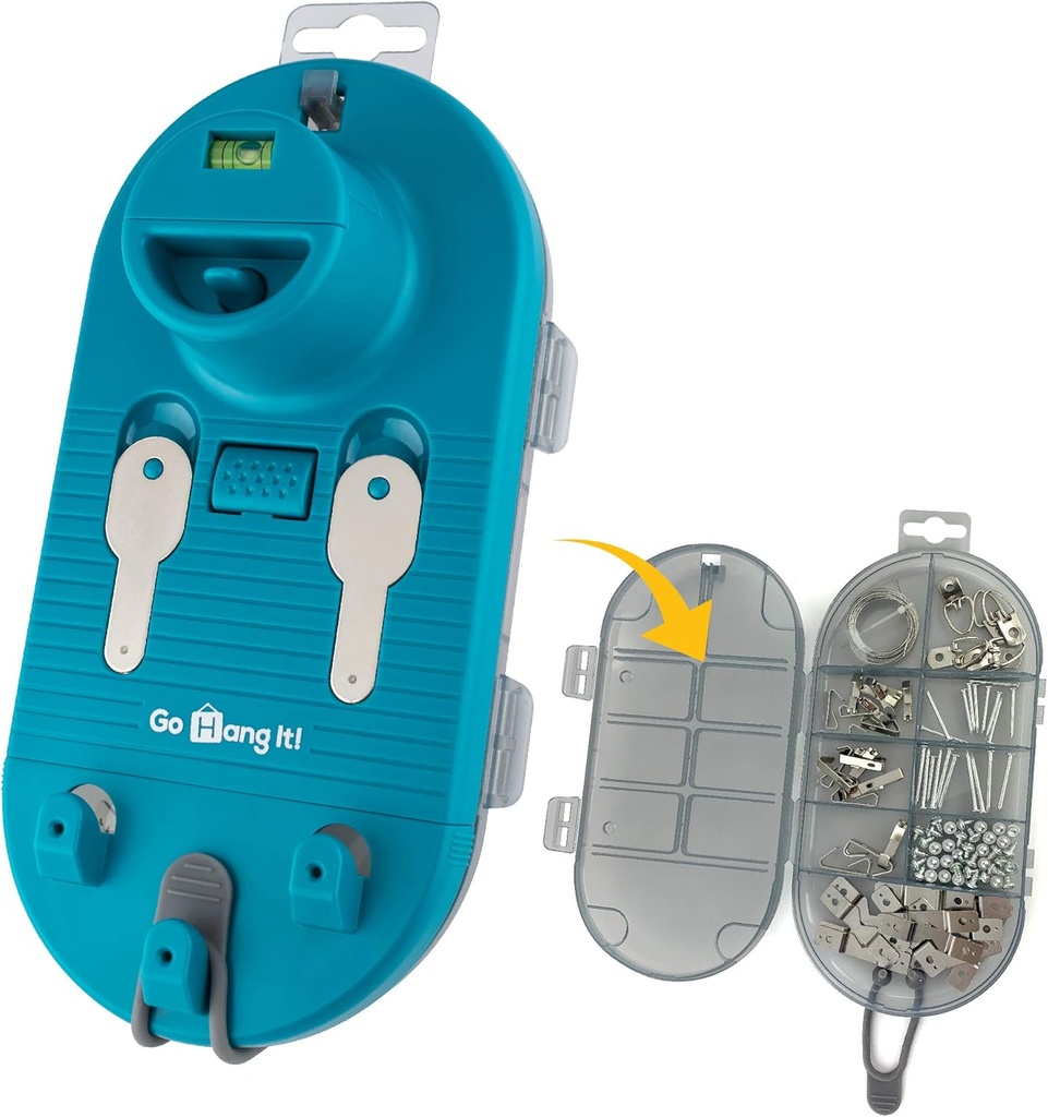 Go Hang It! Pro, All-in-One Picture Hanging Kit - Picture Leveling and Hanging Tool - Hang Sawtooth/Wire Hangers - Wall Hanging Kit and Level Tool - Hardware Case with 85-Piece Hanging Essentials