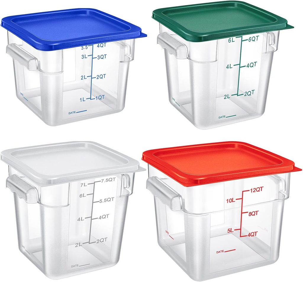 Huwena 4 Pcs Food Storage Container with Lids Set Square Clear Commercial Containers with Scales and Handles for Home Kitchen Proof Dough, Marinating Meat(4, 6, 7.5, 12 Qt,Colorful)
