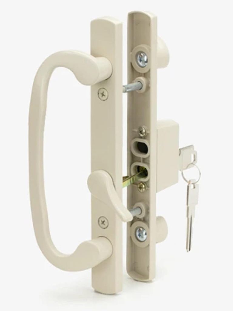 8.5" Legacy Sliding Patio Glass Door Offset Latch Almond Handle Set with Keys - Sash Controls 2265 Keyed Lock - Fits 3-15/16" Screw Hole Spacing and 1-1/4" to 2-1/4" Door Thickness