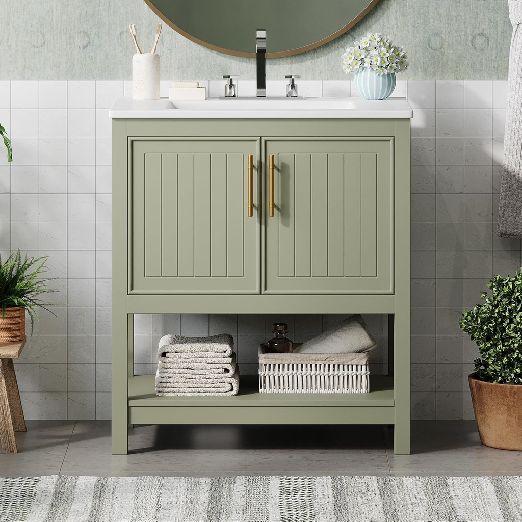30-Inch Green Bathroom Vanity with Ceramic Sink and Versatile Storage - Ideal for Small Bathrooms, Green