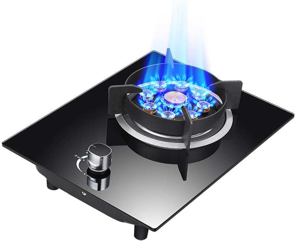 Gas Stove,5.2KW Nine-Cavity High-fire,Kitchen Counter Top Stove,Tempered Glass Cast Iron Pot Rack,with Flameout Protection,for Home Kitchen(NG)