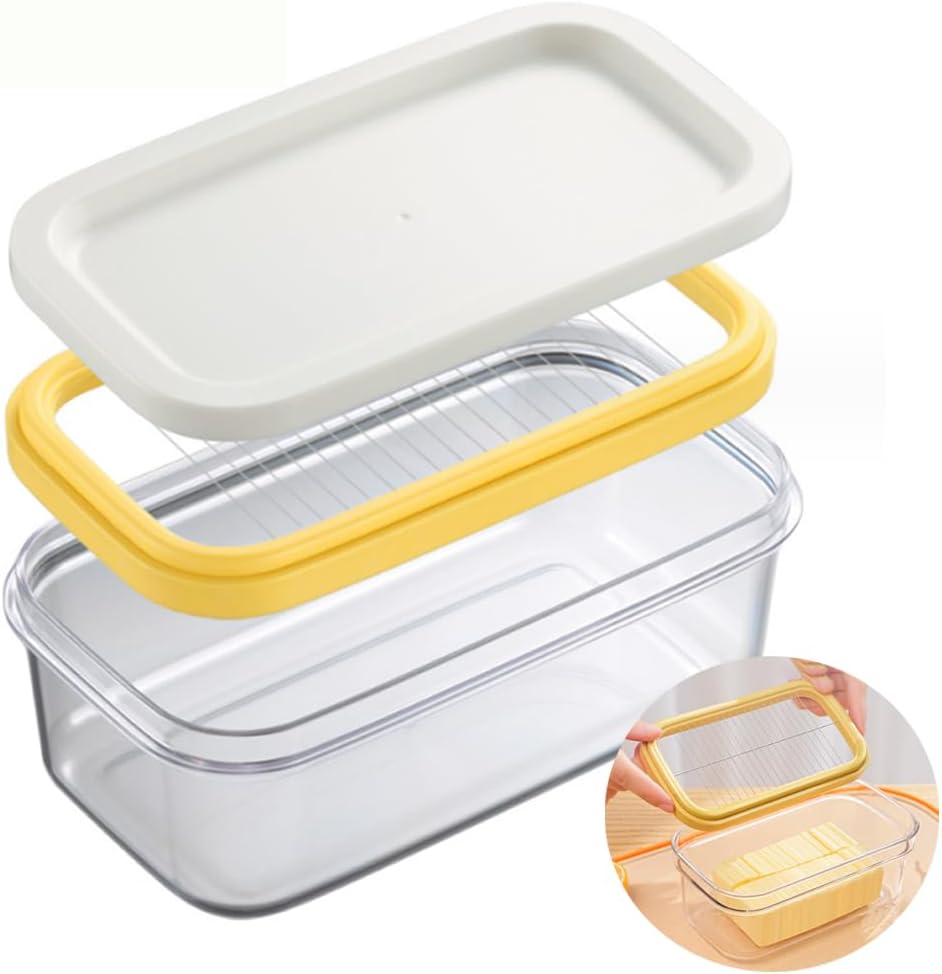 Butter Slicer Cutter Container for Fridge with Lid and Stainless Steel Cutting Grid, Butter Slicers Tool for Squares Storage, Easy Cutting Dispenser Keeper Box for Kitchen