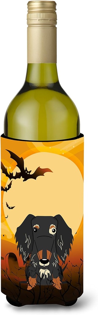 Caroline's Treasures BB4394LITERK Halloween Wire Haired Dachshund Dapple Wine Bottle Hugger Bottle Cooler Sleeve Hugger Machine Washable Collapsible Insulator Beverage Insulated Holder