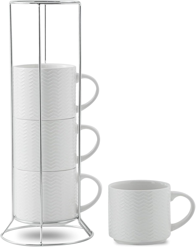 Hasense Coffee Mugs 12 OZ Ceramic Cups Set of 4, Stackable Embossed Coffee Cups with Rack, Porcelain Coffee Cups for Latte, Cappuccino, Mocha, Cocoa, Americano, Hot Tea and Milk, White