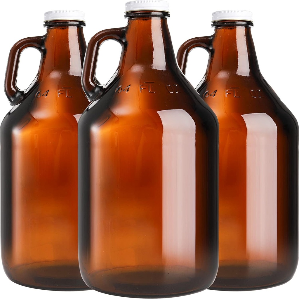 ZEAYEA 3 Pack 64 oz Glass Growler Jug, Amber Half Gallon Jug Set with Lids and Handle Great for Beer, Home Brewing, Kombucha, Distilled Water