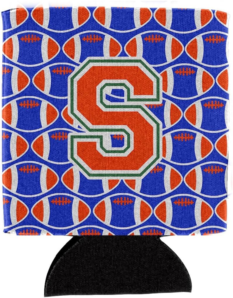 Caroline's Treasures CJ1083-SCC Letter S Football Green, Blue and Orange Can or Bottle Hugger Cooler Washable Drink Sleeve Collapsible Beverage Insulated Holder, Can Hugger, Multicolor