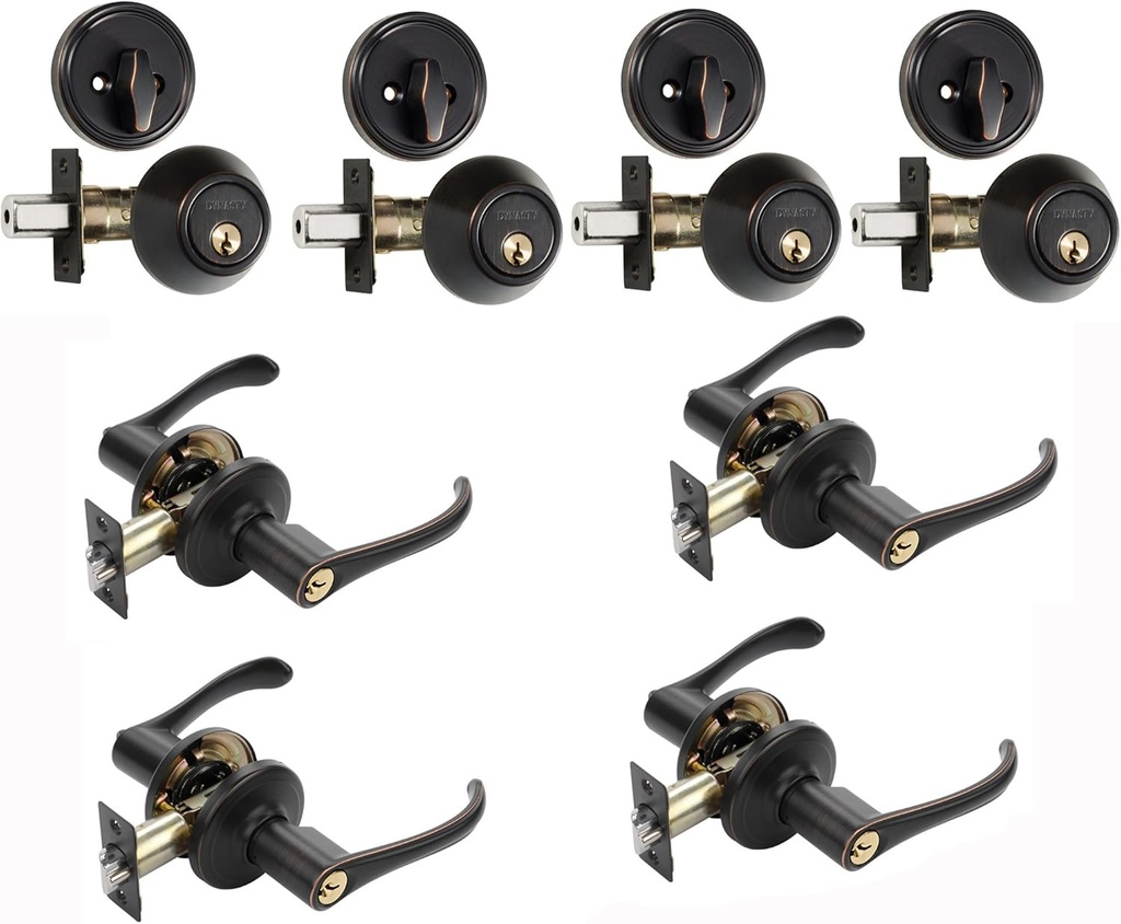 Dynasty Hardware CP-VAI-12P, Vail Front Door Entry Lever Lockset and Single Cylinder Deadbolt Combination Set, Aged Oil Rubbed Bronze (4 Pack) Keyed A