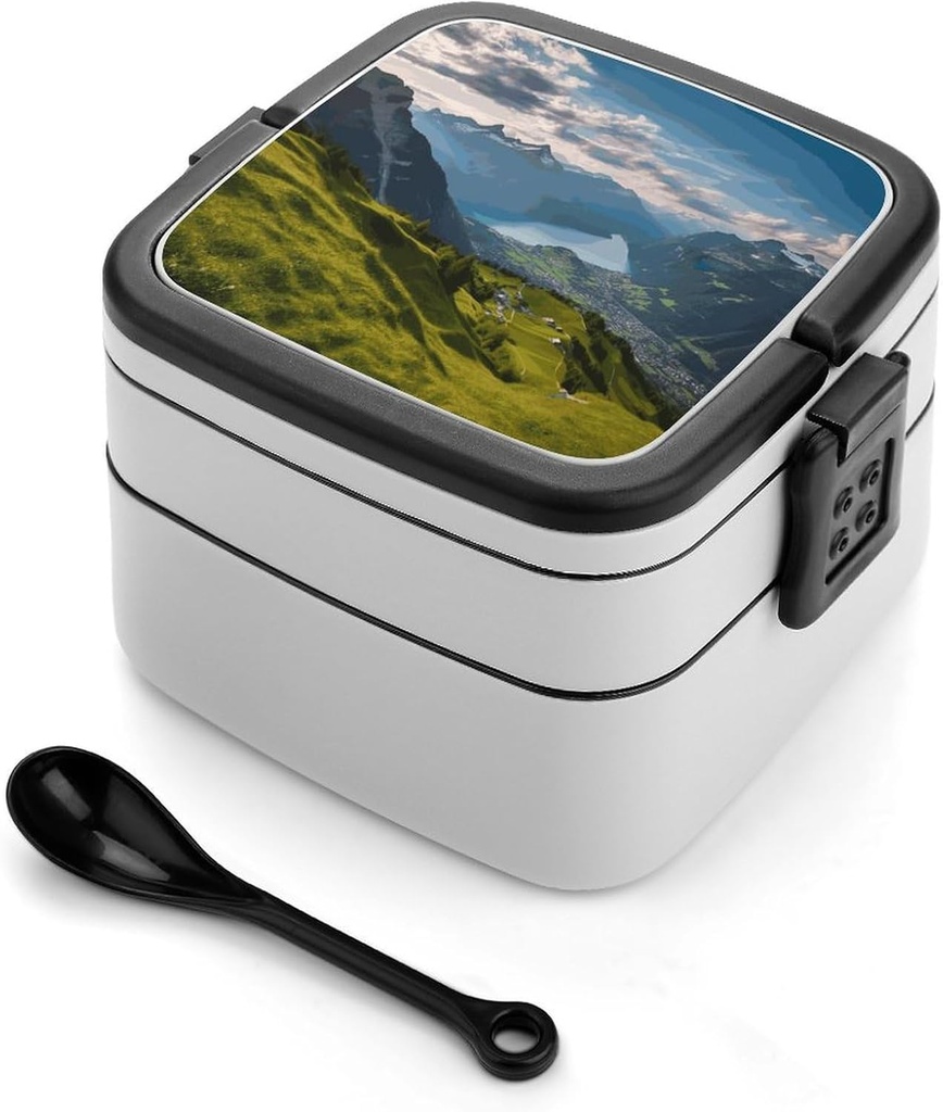 Switzerland Alps Bento Box with Compartments Double Layer Bento Lunch Box with Spoon And Handle All-in-One Adult Lunchbox Leakproof Lunch Container for Work Picnic Travel