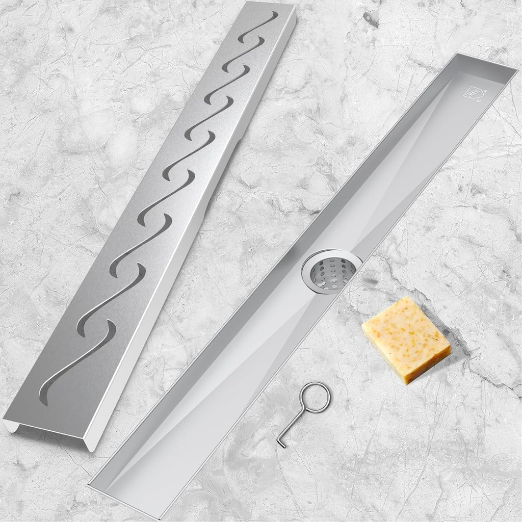 24 Inch Linear Shower Drain, Brushed Nickel Shower Drain, Removable Grate, 304 Stainless Steel, Easy to Install and Clean for Bathrooms (Drain Base Not Included), LSD-23A-24S