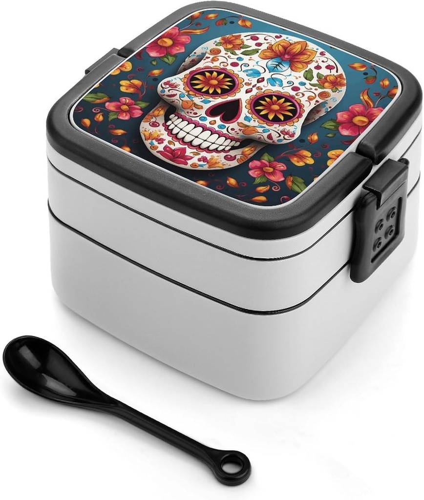 Stackable Double-Layer Bento Box Colorful Sugar Skull Adults Lunchbox With Spoon Cute Japanese Bento Box Dishwasher Safe for Work Travel Dining Outc