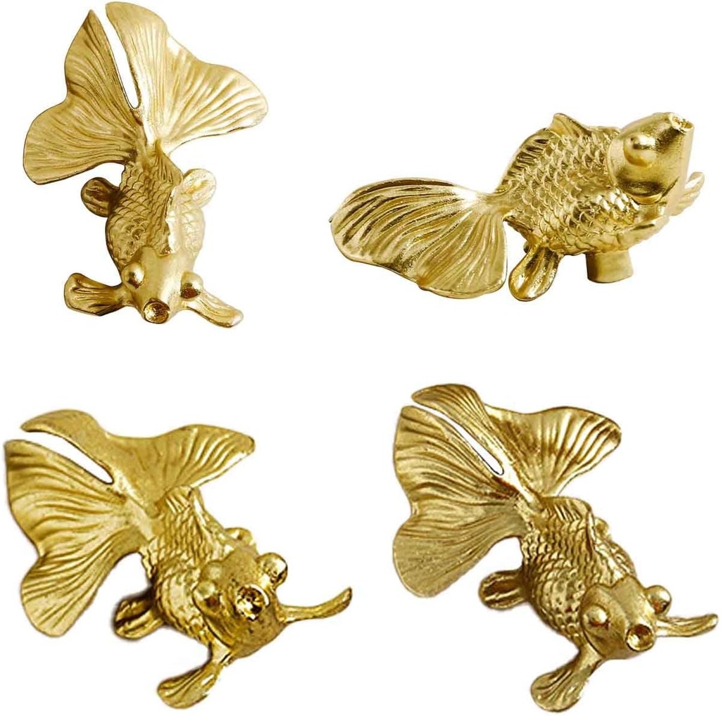 4PCS Solid Brass Goldfish Drawer Knobs, Unique Cabinet Knobs Animal Drawer Knob Gold Dresser Knob for Kitchen Bedroom Bathroom Art Decor Cupboard Handle