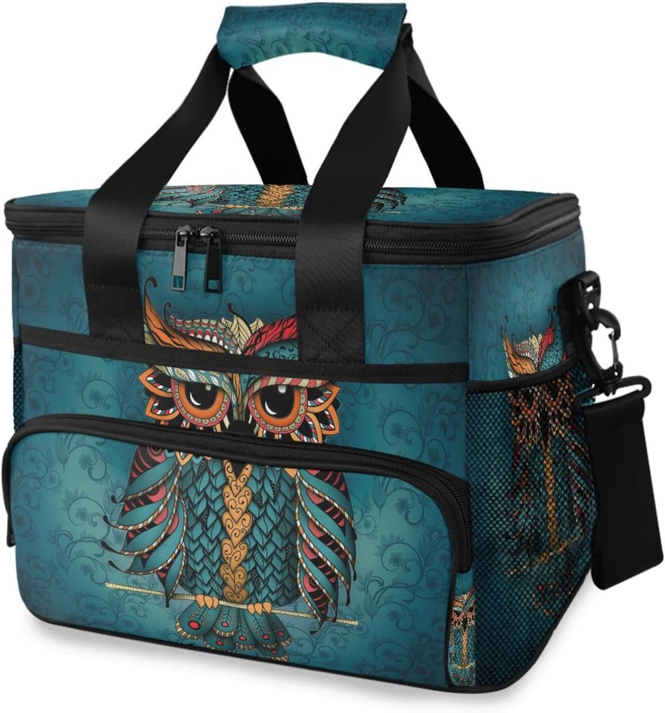 Owl Print Boho Ethnic Cooler Bag Insulated Cooler Soft Sided Cooler 24 Can Portable Picnic Bag Large Leakproof Lunch Bag Box for Beach Grocery Camping Travel Car Men Women