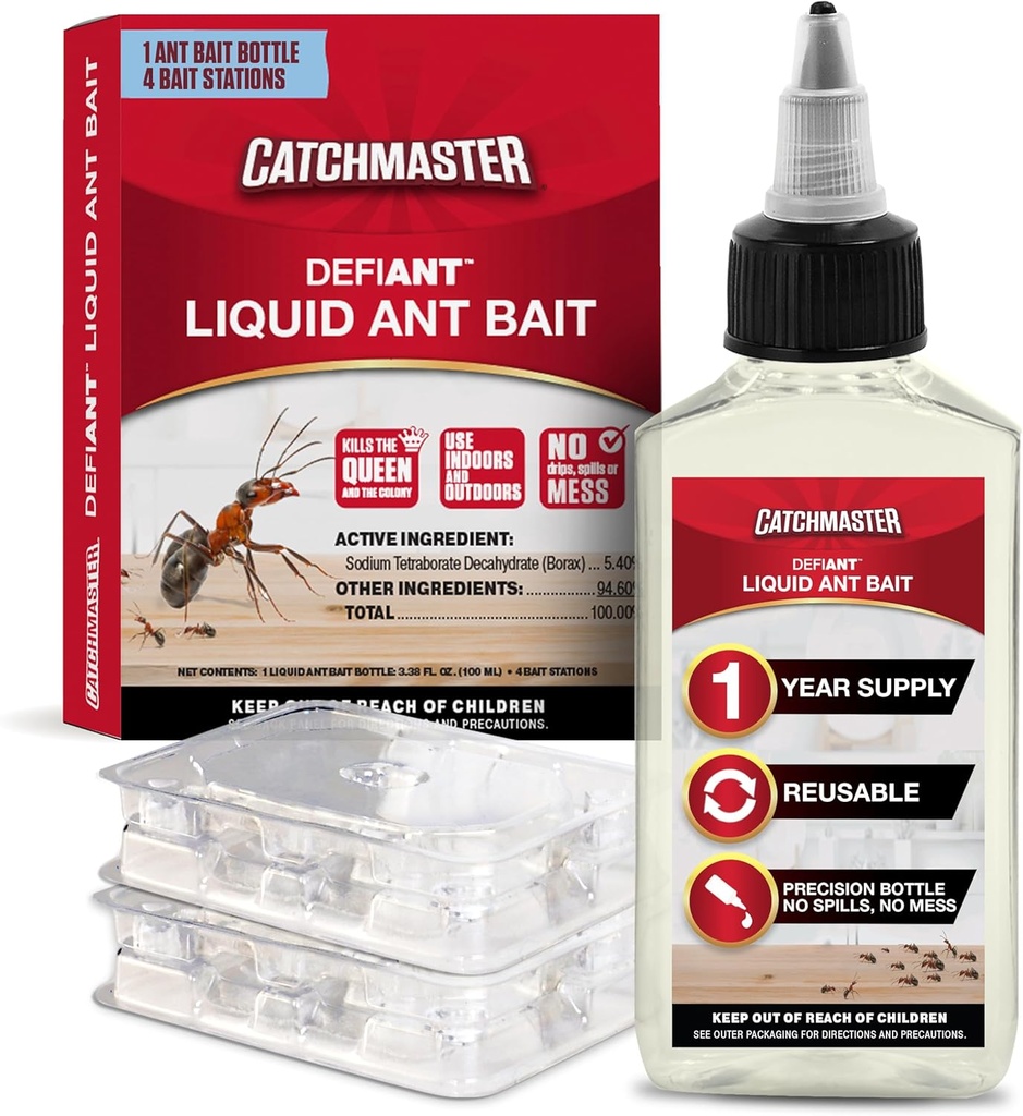 Catchmaster DEFIANT Premium Liquid Ant Killer, 1-Year Supply, Kills the Queen and Colony, No Mess Precision Bottle, Reusable Ant Traps Indoor & Outdoor, Pest Control Traps, Made in USA