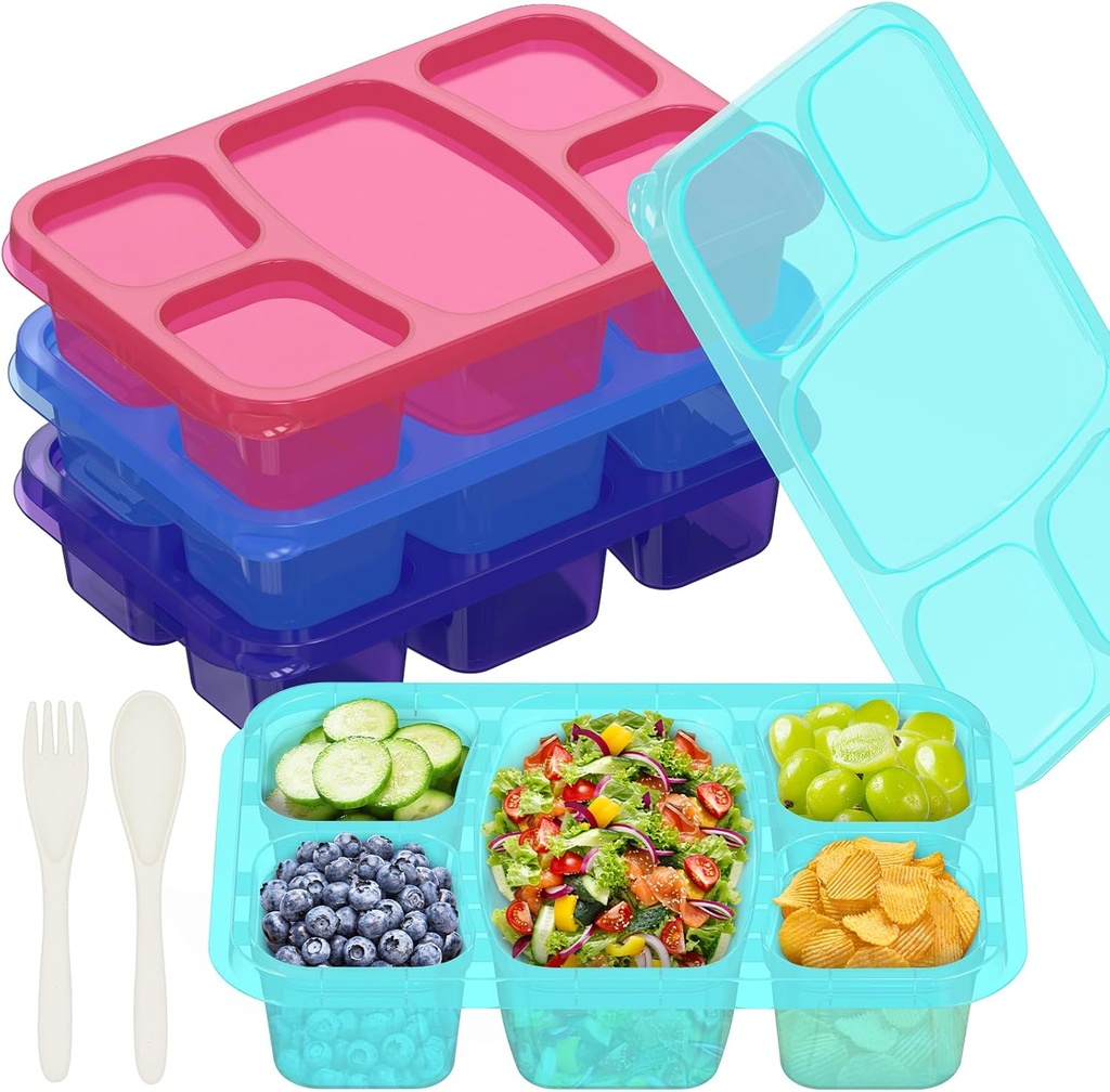 4 PCS Bento Box for Kids, Bento Adult Lunch Box, 5 Compartment Lunch Containers, Snackle Container, Snack Containers, Meal Prep Containers Reusable for School, Work, and Travel