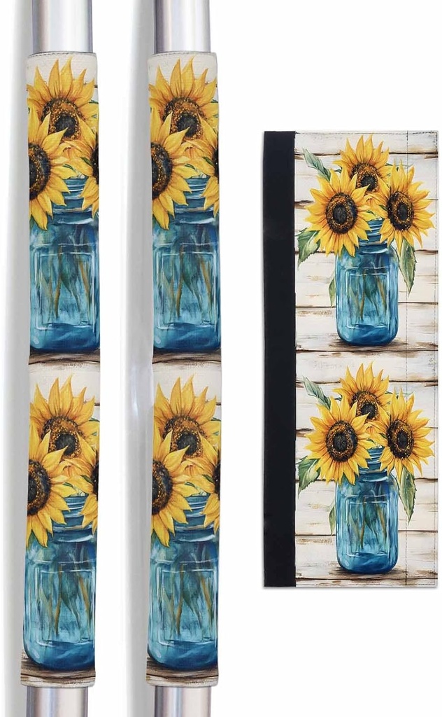 Sunflower Refrigerator Door Handle Covers Set of 2, Blue Bottle Yellow Floral Country Woodgrain Kitchen Appliance Covers Handle Decor Protector for Ovens Dishwashers Microwave Ornaments