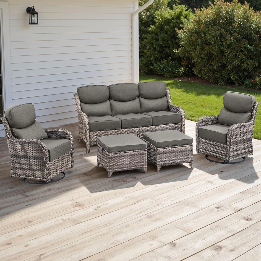 Rilyson Wicker Outdoor Patio Furniture Set - 5 Piece Patio Conversation Sets with Swivel Rocker Chairs, Ottomans and Sofa, 6 inch Cushions, Waterproof Wicker, for Porch Deck Mixed Grey/Grey