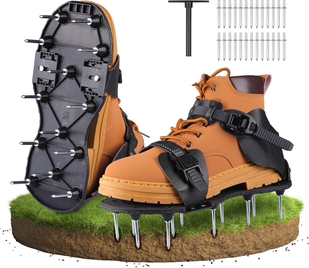 Lawn Aerator Shoes for Grass Spikes Aerator Lawn Shoes for Patio/Yard/Garden Heavy-Duty Spiked Sandals with Adjustable Loop Straps Stainless Steel Black