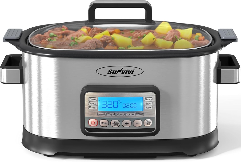 11-in-1 Multicooker, 6.5QT Slow Cooker Roaster Oven, Digital Programmable Multi Functional Pot with Timer, Temp Control, Delay Start, Glass Lid, Removable Nonstick Pot & Roast/Steam Rack