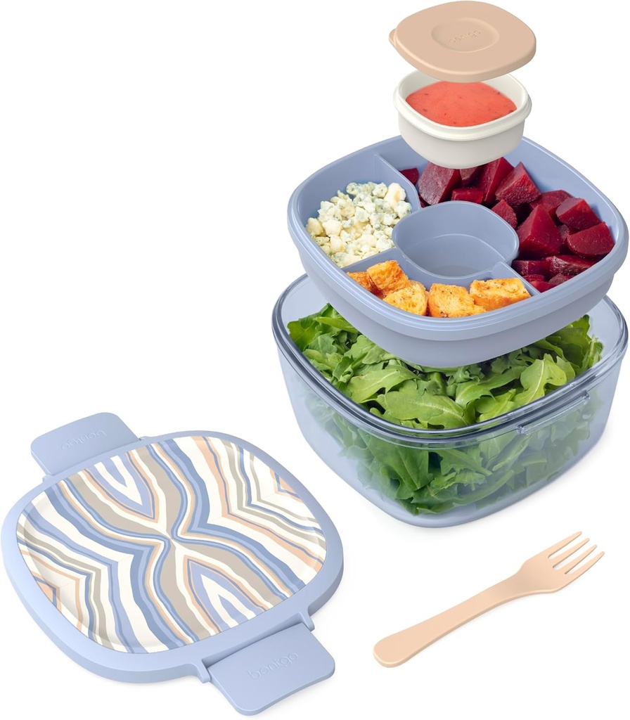 Bentgo Glass Prints All-in-One Salad Container - 61oz Tinted Glass Salad Bowl with Lid, Bento-Style Tray, Sauce Container, & Reusable Fork - Dishwasher & Microwave Safe (Wildly Chic - Soft Blue)