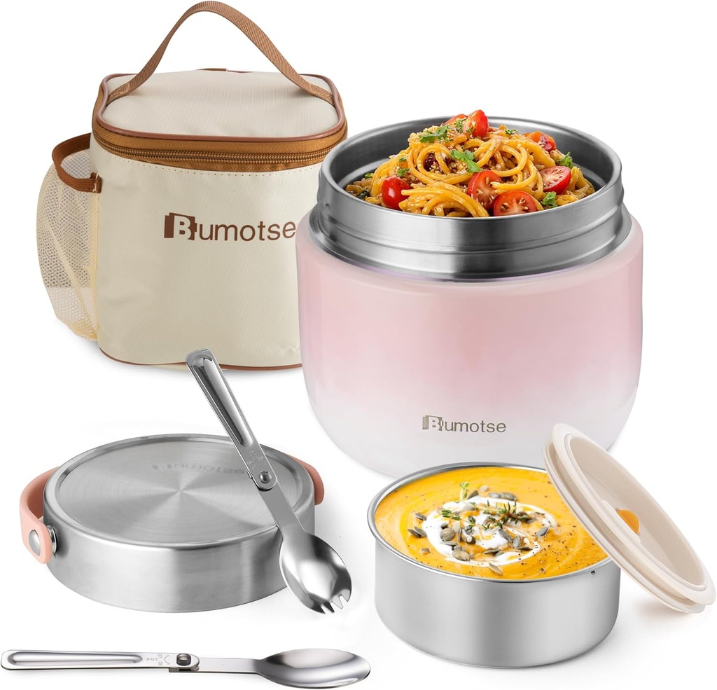40oz Insulated Food Jar with 2 Compartments, Leak-Proof Thermo for Hot Food Wide Mouth Stainless Steel Includes Spoon and Fork Soup Thermo Lunch Containers Bento Box for Adults（Pink