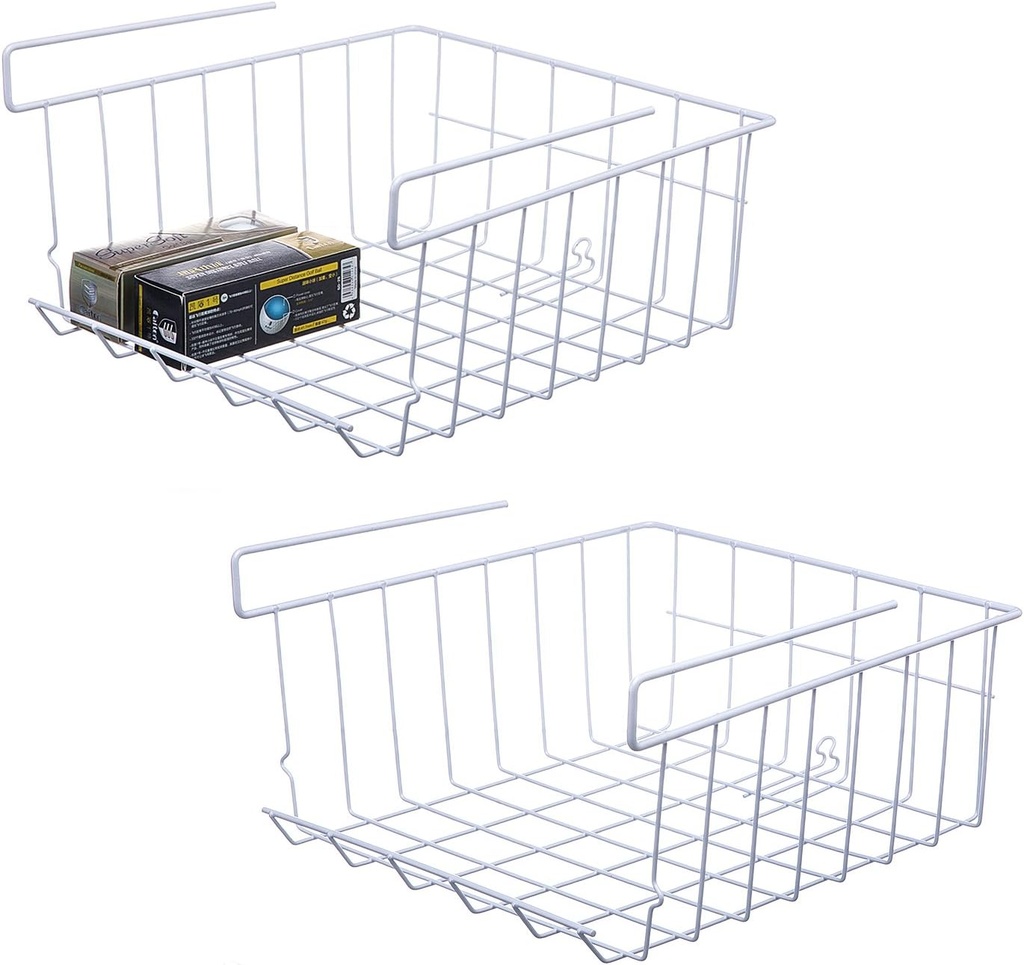 Lonians 2-Pack Under Shelf Hanging Storage Baskets - Metal Wire Rack Organizer for Kitchen, Pantry, Cabinet, Bathroom, Desk - Space Saving Shelf Extender (White, Large)