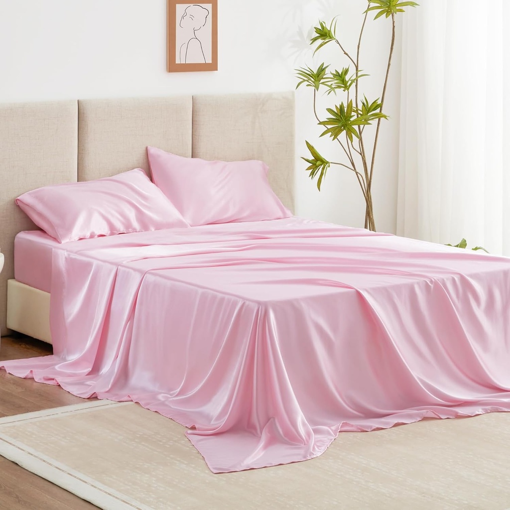 Love's cabin Satin Queen Sheets Set - 4 Piece Pink Silky Bed Sheets Set with Deep Pocket, Luxury Silk Feel Satin Queen Size Sheet Set (1 Flat Sheet,1 Fitted Sheet,2 Pillow Cases)
