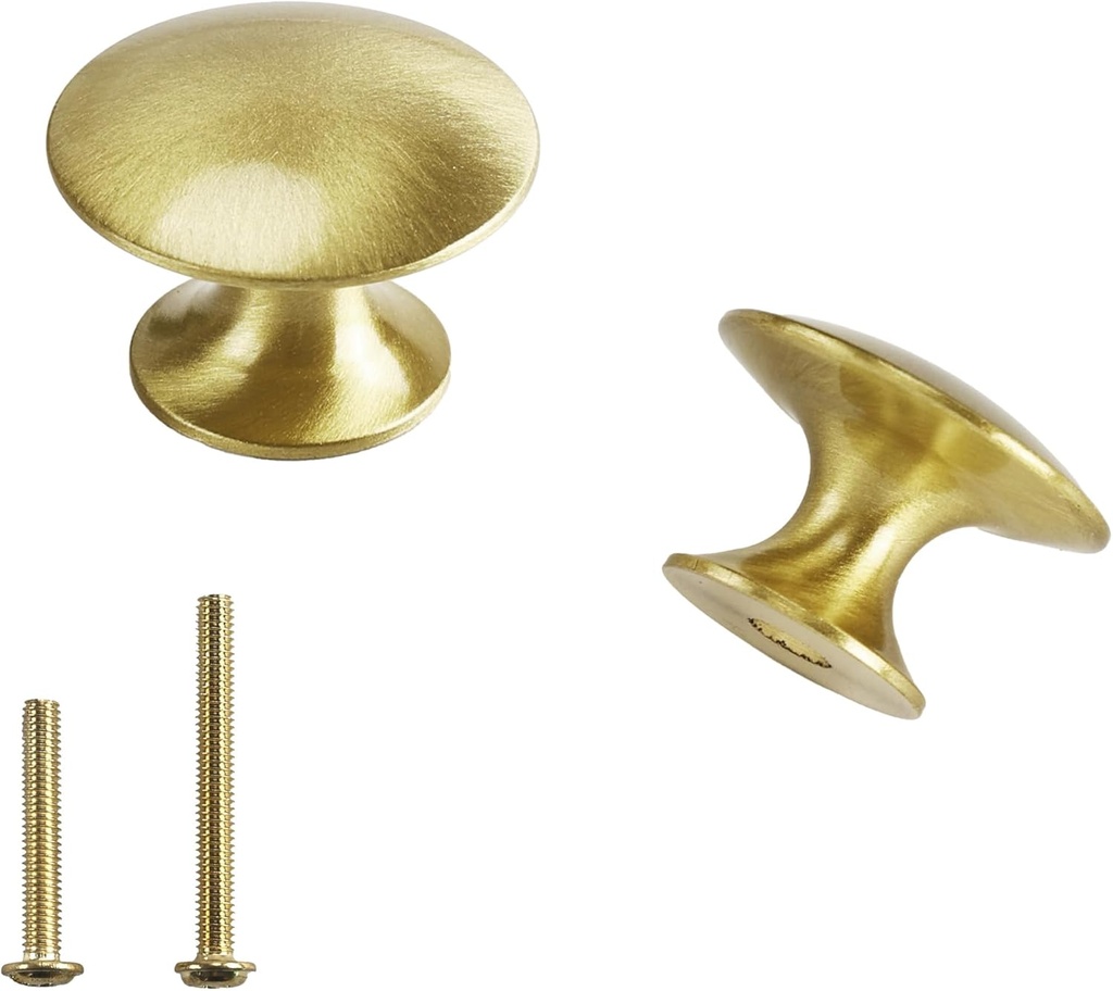Gold Knob for Dresser Solid Brass 5 Pack Round Cabinet Knob 1-inch (25mm) Brushed Finish, Modern Drawer Pulls for Dresser, Cupboard, Kitchen, Bathroom Hardware with a Soft Shimmer