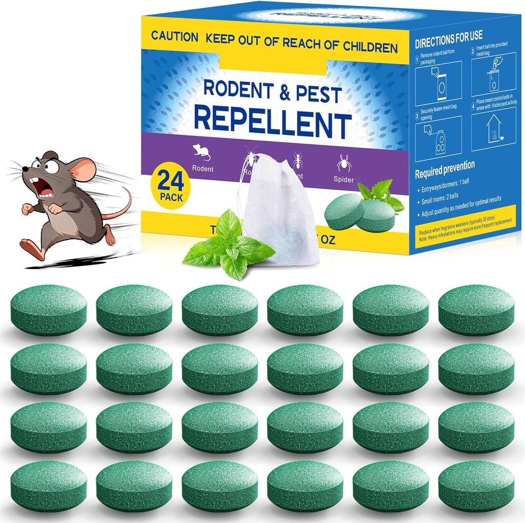 Mouse Rodent Repellent, 24 Pack Mouse Repellent Balls - Peppermint Lemon Oil Mice Repellent for Squirrel Rats Spider Pests, Mice Repellent for Indoor/Outdoor Use - Natural Mouse Deterrent & Pet Safe