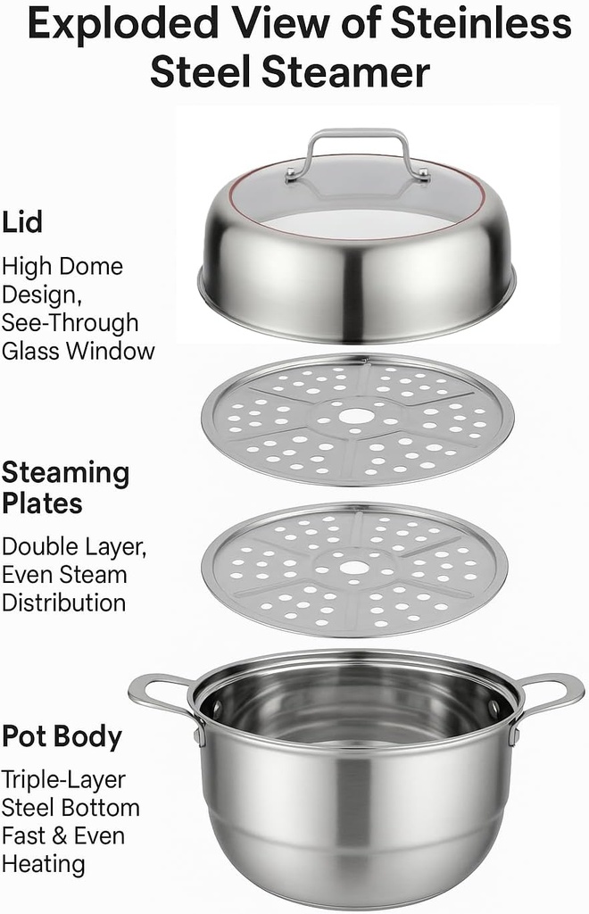 2-Tier Stainless Steamer Pot, Multi-functional, Steam Fish, Vegetables, Soup, Induction, Electric & Gas Compatible, Silver, 36cm, 2-Tiers