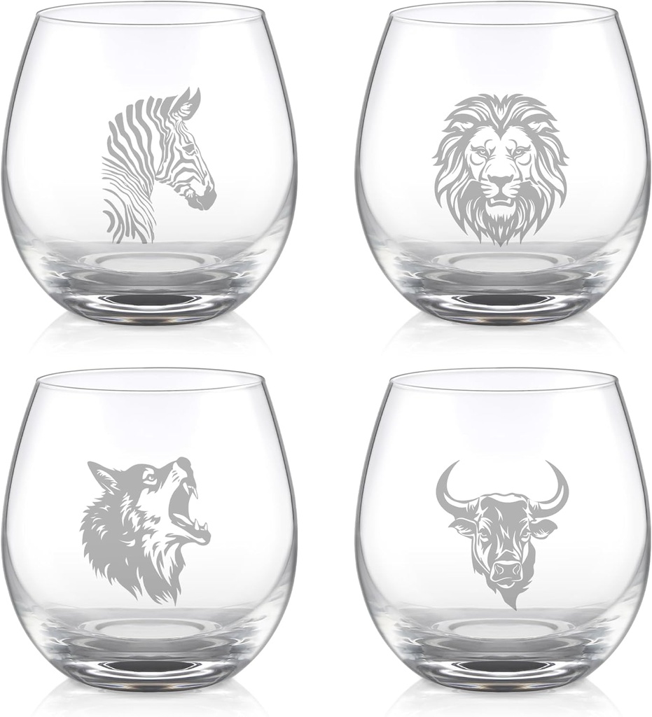 Joeyan Hand Blown Etched Stemless Wine Glasses,Carved Animal Themed Drinking Glass Cups,Engraved Wine Tumbler with Zebra Lion Wolf Cow Patterns,Funny Gift for Safari Lovers,4 Pack,15oz,Dishwasher Safe