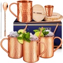 Gift Set Moscow Mule Mugs Set Of 4 16 oz Solid Cooper, 100% Pure Copper Cups Cylindrical Shape HANDCRAFTED, BONUS 4 Straws, 4 Wood Coasters, Stirring Spoon, And Shot Glass (Square)