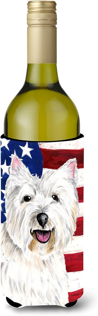 Caroline's Treasures SC9008LITERK USA American Flag with Westie Wine Bottle Hugger Bottle Cooler Sleeve Hugger Machine Washable Collapsible Insulator Beverage Insulated Holder