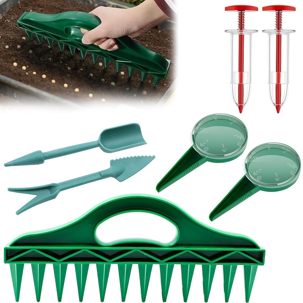 7 Pcs Seed Spreader Set, 2025 Upgraded Mini Seed Dispenser, Garden Seed Planter Tool, Hand Held Seed Spreader for Manual Gardening with 12-Hole Dibber, Multifunctional Spacer Gardening Tools