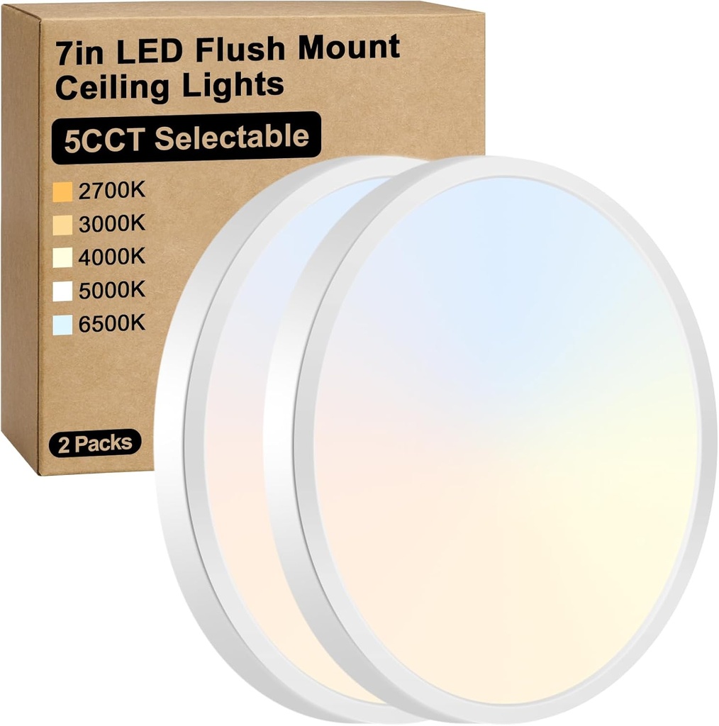 Brightever 7 Inch Flush Mount Ceiling Light, 12W 1200LM LED Ceiling Light Fixtures, 2700K/3000K/4000K/5000K/6500K Selectable, 0.67 Inch Ultra Thin Flat Ceiling Lights for Bedroom Closet, 2 Packs