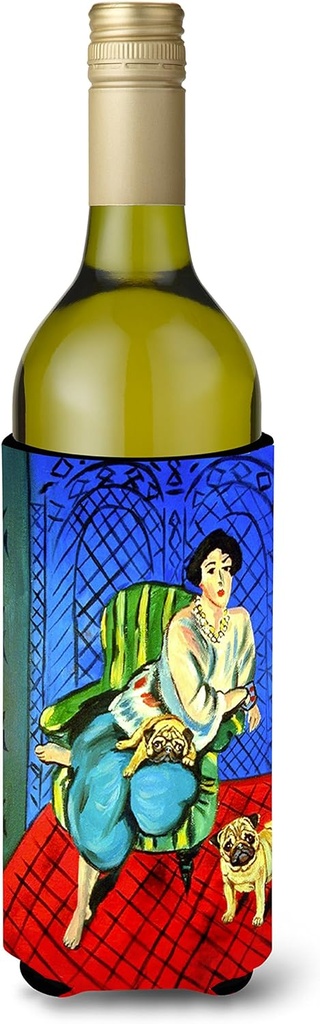 Caroline's Treasures 7072LITERK Lady with her Fawn Pug Wine Bottle Hugger Bottle Cooler Sleeve Hugger Machine Washable Collapsible Insulator Beverage Insulated Holder