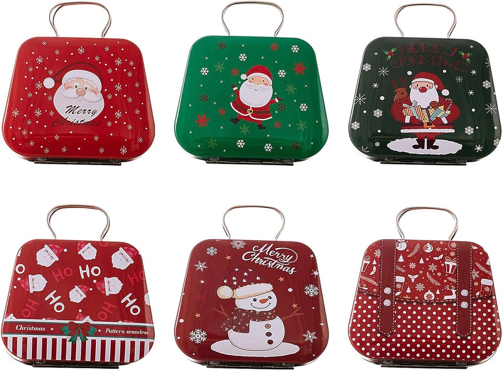 Firlar Christmas Handbag Candy Box, 6 Pcs Candy Jar with lids, Mini Classic Santa Claus Snowman Pattern Candy Containers, Christmas Iron Cookie Box Storage Box Candy box