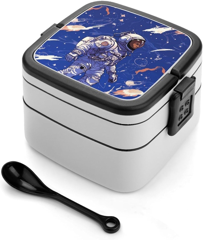 Stackable Double-Layer Bento Box Black Astronaut on Blue Adults Lunchbox With Spoon Cute Japanese Bento Box Dishwasher Safe for Work Travel Dining Outc