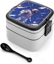 Stackable Double-Layer Bento Box Black Astronaut on Blue Adults Lunchbox With Spoon Cute Japanese Bento Box Dishwasher Safe for Work Travel Dining Outc
