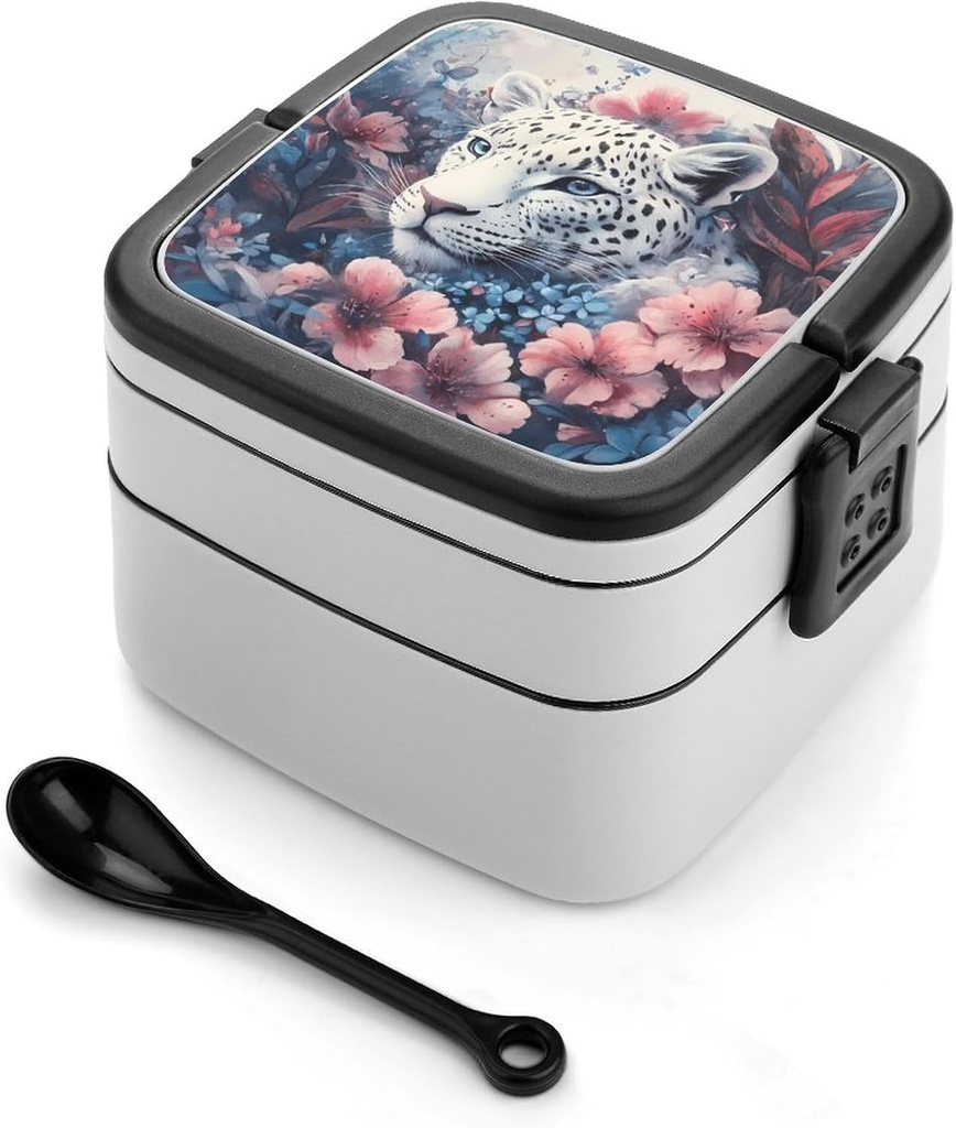 White Leopard in Flowers Portable Bento Box with Handle 2 Compartment Leak-Proof Stackable Lunch Box for Work Picnic Camping