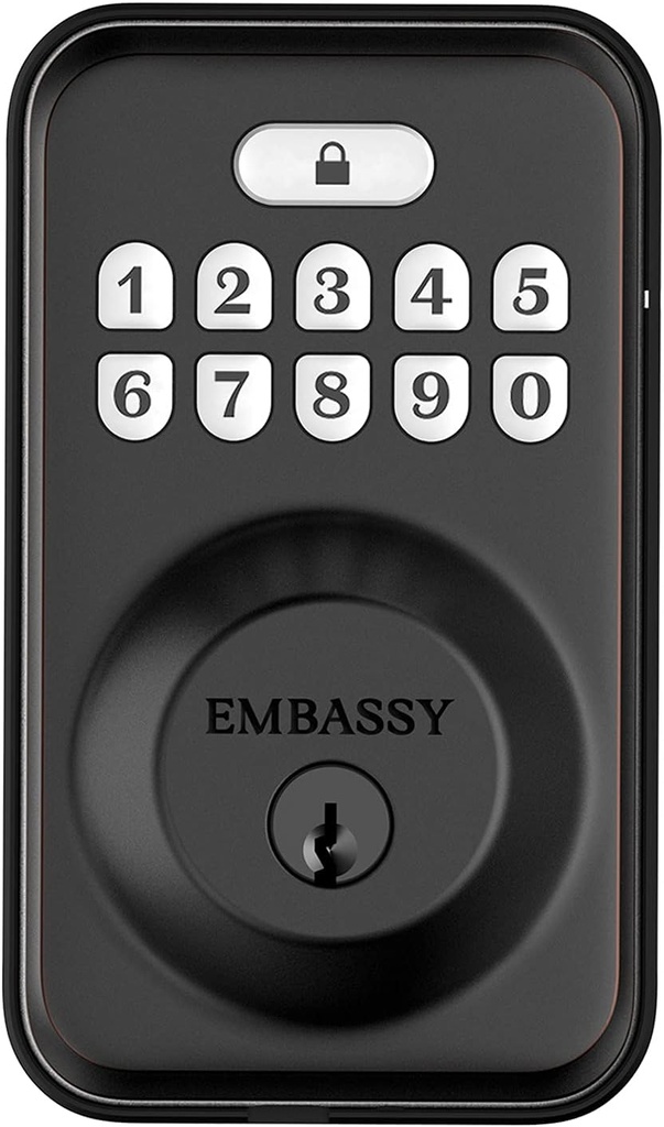 Embassy Door Lock Electronic Keyless Entry with Antimicrobial Illuminated Keypad Security Deadbolt Lock 20 User Codes Auto and 1-Button Locking Front Door Garage or Office (US10b)