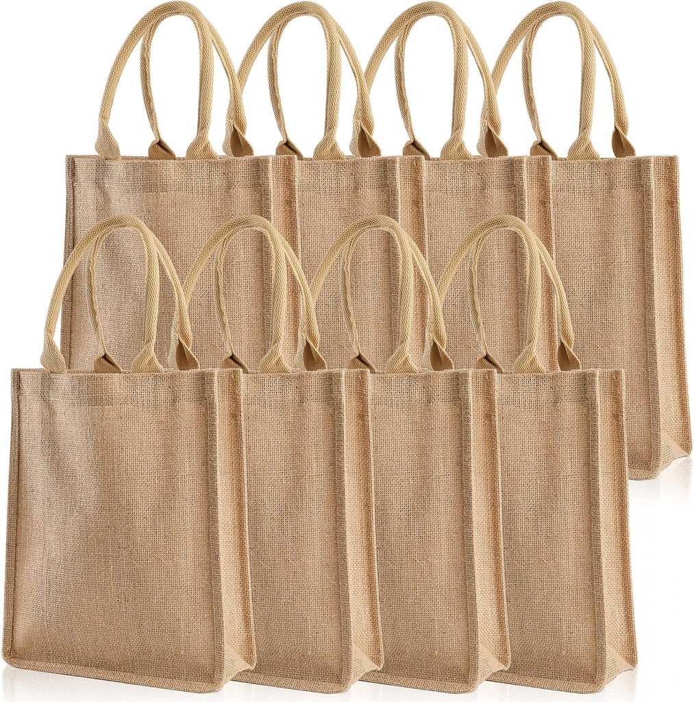 DEAYOU 8 Pack Jute Burlap Tote Bags, Burlap Gift Tote with Handles, Jute Beach Bags Reusable Lined Grocery Totes for Bridesmaid, DIY, Shopping, Pool, Wedding, 9.8''x11.8''x3.9'', Natural