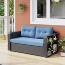 HWB Patio Wicker Sofa with Foldable Long Table, Outdoor Rattan Couch Furniture Steel Frame with Deep Seat High Back and Blue Cushion