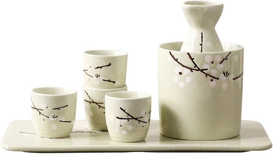 Ceramic Cup Crafts Wine Glass,7 Piece Sake Set Japanese Sake Cup Set Traditional Hand Painted Design Porcelain Pottery Ceramic Cups Crafts Wine Glasses,beige+white plum